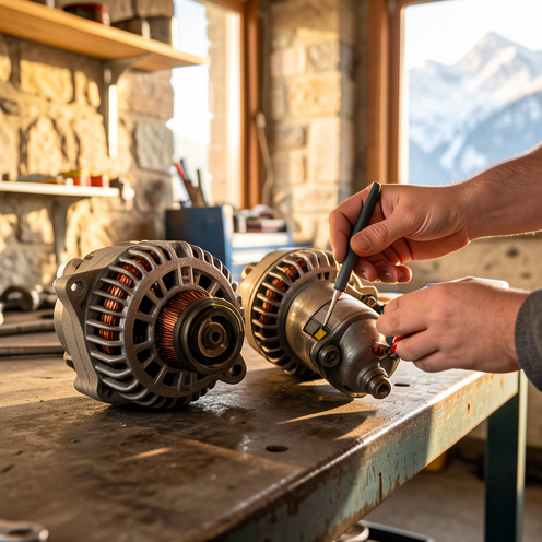 Gros plan d’un alternateur et d’un démarreur automobiles sur un établi de garage, avec une mesure au multimètre, ambiance d’atelier en bord d’Alpes, lumière naturelle et faible profondeur de champ.