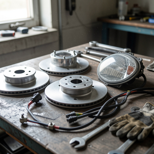 Atelier automobile avec des pièces de réemploi rangées sur un établi, éclairage naturel doux et détails réalistes des composants.