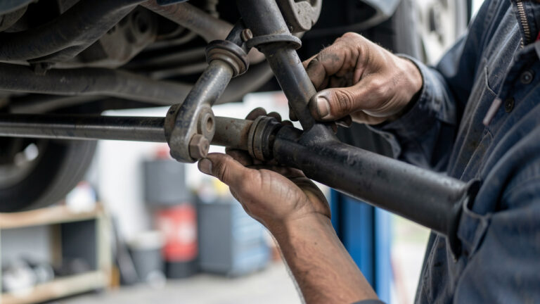 Gros plan d’une inspection mécanique de barres stabilisatrices et biellettes de suspension de voiture afin de repérer un jeu au niveau des fixations.