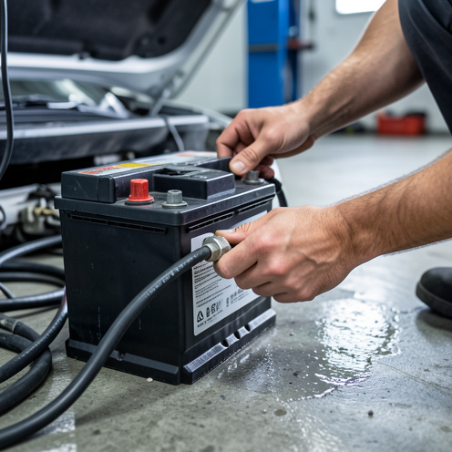 Gros plan d’une batterie de voiture dans un garage à Nice, pendant qu’on vérifie et remplace les connexions, éclairage blanc et ambiance réaliste.