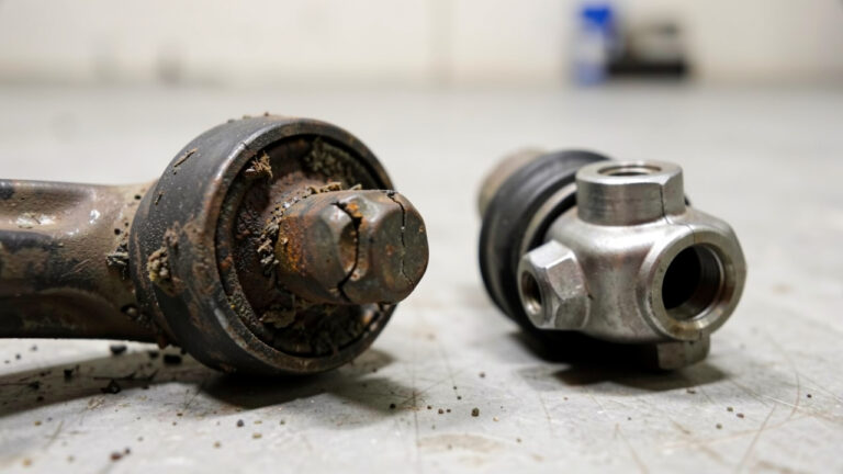 Gros plan sur une biellette de direction automobile usée, avec soufflet en caoutchouc fissuré, traces de rouille et joint desserré, placée à côté d’une pièce neuve.