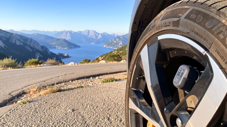 Gros plan sur un pneu automobile équipé d’un capteur de pression, sur une route sinueuse des Alpes-Maritimes avec un paysage méditerranéen en arrière-plan.