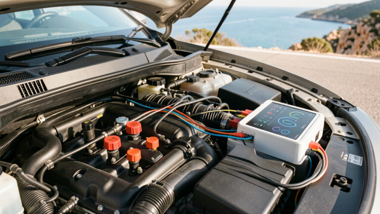 Baie moteur d’une voiture moderne montrant plusieurs capteurs essentiels et un appareil de diagnostic, avec une route côtière et la mer bleue de la Côte d’Azur en arrière-plan.