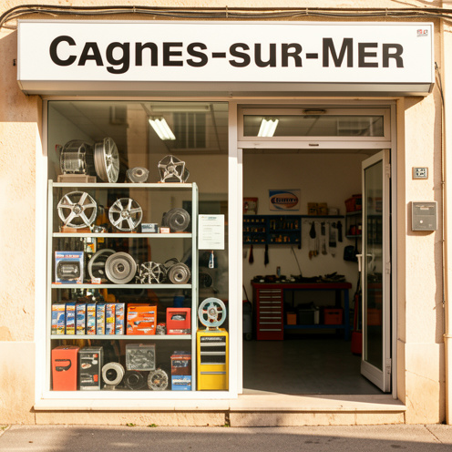 Centre de pièces auto à Cagnes-sur-Mer : vitrines avec des accessoires automobiles, étagères de composants et vue sur l’atelier d’entretien, en lumière naturelle méditerranéenne.