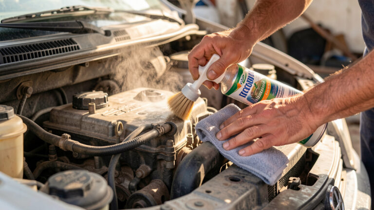 Vue réaliste d’une baie moteur de voiture pendant le nettoyage, avec application d’un dégraissant biodégradable sur des pièces métalliques, puis essuyage avec un chiffon microfibre sous une lumière naturelle méditerranéenne.