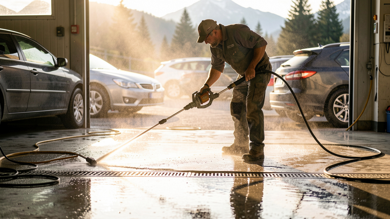 Un homme nettoie le sol en béton d’un garage automobile avec un nettoyeur haute pression, tandis que l’eau projette une fine brume et que les surfaces mouillées reflètent la lumière naturelle.