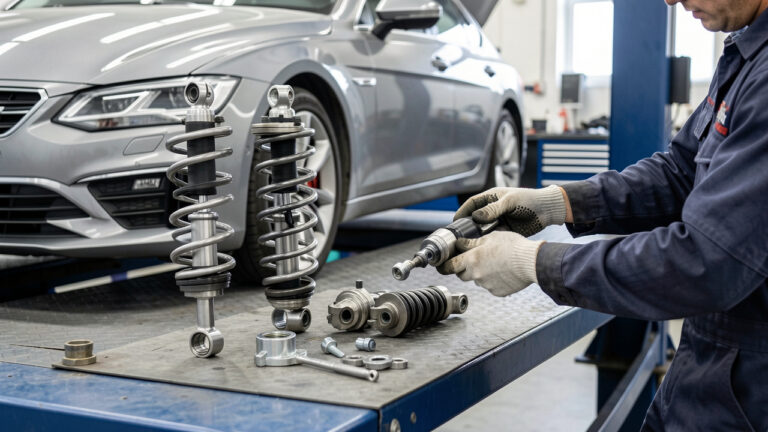 Amortisseurs automobiles comparés à côté d’une voiture moderne dans un atelier mécanique