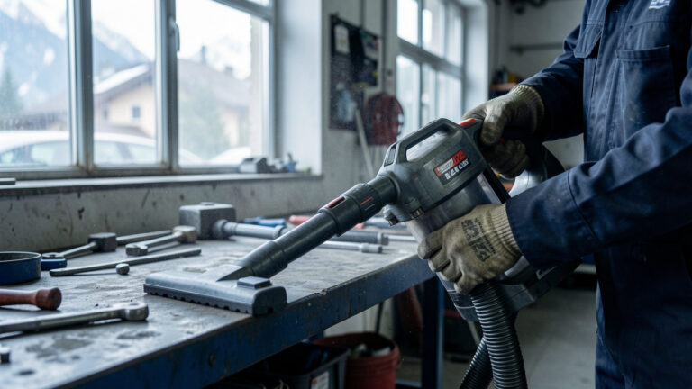 Aspirateur de garage inspecté à côté d’un établi dans un atelier automobile, avec un embout et un tuyau ajustés, lumière naturelle des Alpes et poussière visible dans l’air.