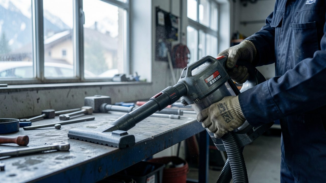 Aspirateur de garage inspecté à côté d’un établi dans un atelier automobile, avec un embout et un tuyau ajustés, lumière naturelle des Alpes et poussière visible dans l’air.