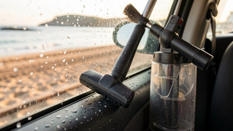 Aspirateur de voiture compact près d’une fenêtre de voiture sur la plage, avec du sable et de l’humidité évoquant le littoral de la Côte d’Azur