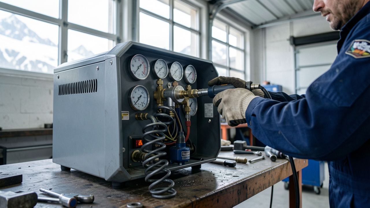 Compresseur d’air compact dans un garage automobile des Alpes-Maritimes, réglage du régulateur de pression et vérification des manomètres sur un établi, lumière naturelle.