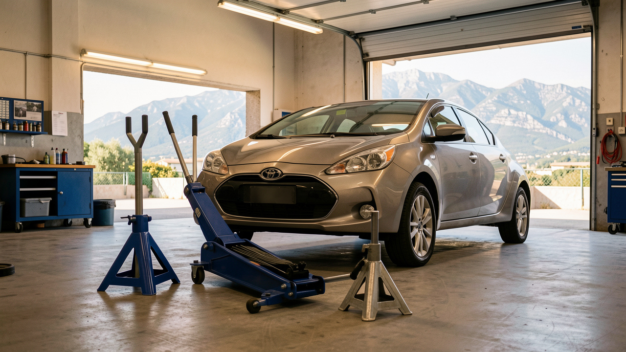 Cric rouleur hydraulique et chandelles renforcées disposés en sécurité près d’une voiture surélevée dans un garage automobile, avec les montagnes des Alpes-Maritimes visibles en arrière-plan.