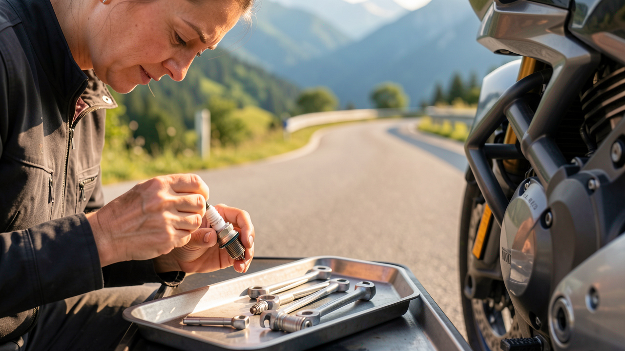 Bougie d’allumage de moto examinée avec des outils d’entretien devant une route alpine des Alpes-Maritimes.