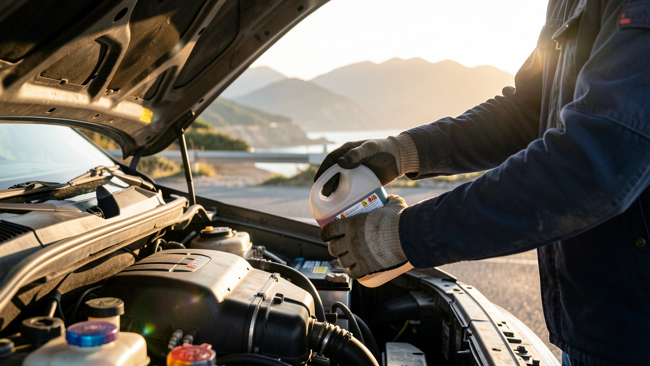 Gants d’un mécanicien inspectant une bouteille de liquide de frein près d’un moteur de voiture, sous une lumière dorée avec chaleur et arrière-plan montagneux évoquant les trajets côtiers.