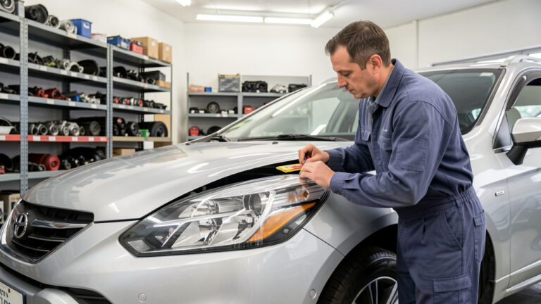 Un technicien automobile compare soigneusement plusieurs pièces de carrosserie près d’un véhicule argenté dans un atelier professionnel.