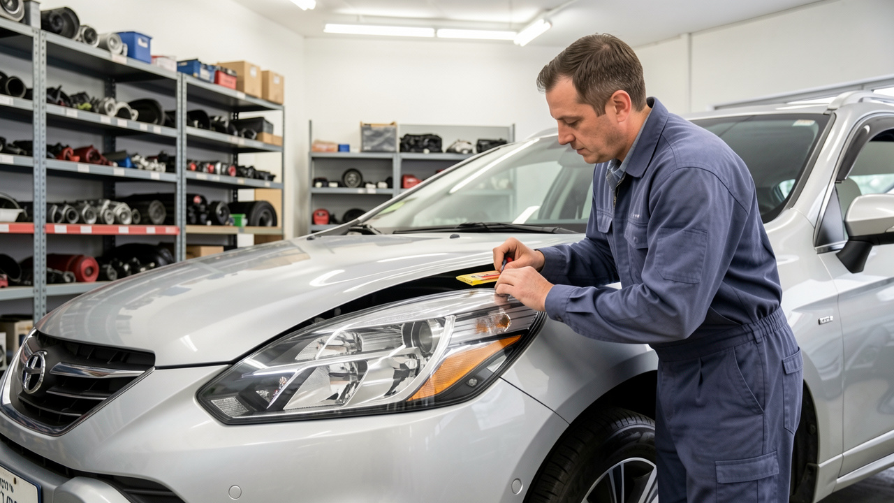 Un technicien automobile compare soigneusement plusieurs pièces de carrosserie près d’un véhicule argenté dans un atelier professionnel.