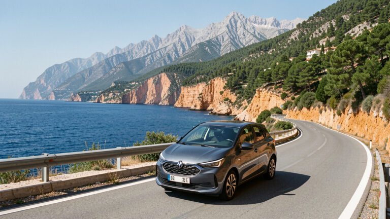 Voiture équipée de pneus adaptés roulant sur une route sinueuse entre le littoral méditerranéen et les montagnes des Alpes-Maritimes.