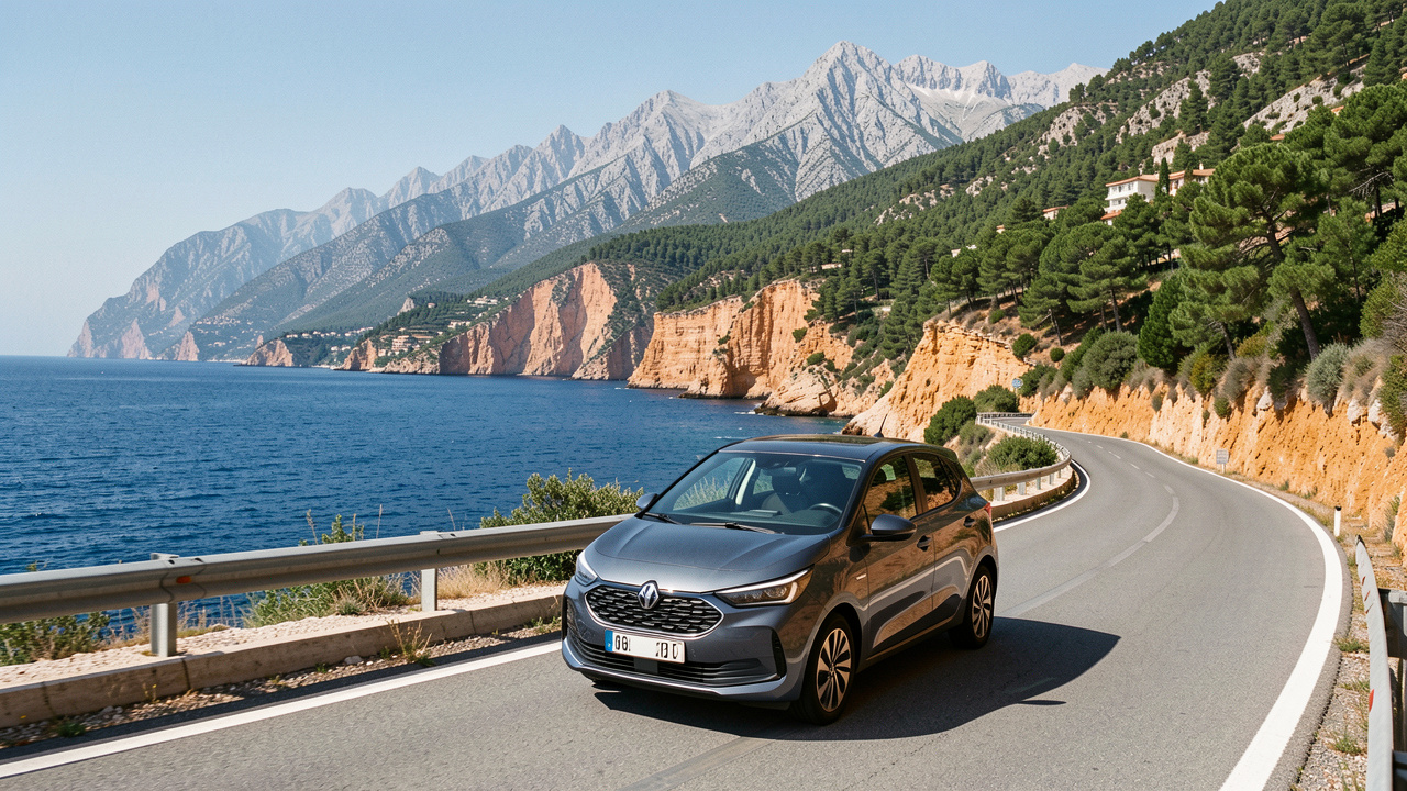 Voiture équipée de pneus adaptés roulant sur une route sinueuse entre le littoral méditerranéen et les montagnes des Alpes-Maritimes.