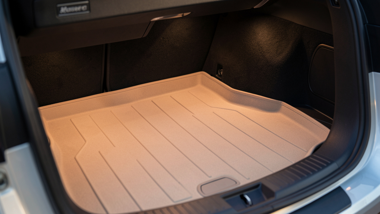 Tapis de coffre et protections d’habitacle posés dans le coffre d’un SUV, montrant des matières durables adaptées au sable et au soleil de la Côte d’Azur.