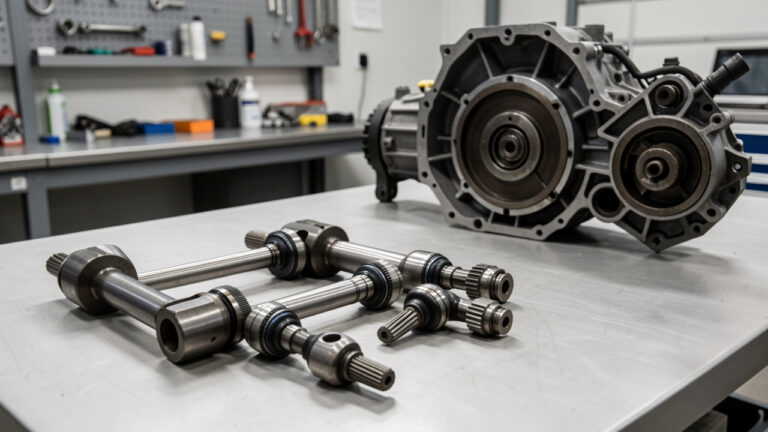 Transmission automobile et plusieurs joints homocinétiques comparés sur un établi d’atelier afin de choisir des composants adaptés à une voiture.