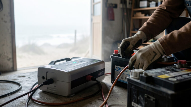 Chargeur de batterie intelligent branché à une batterie de voiture dans un garage près de la mer, avec des câbles correctement connectés et une lumière naturelle douce.