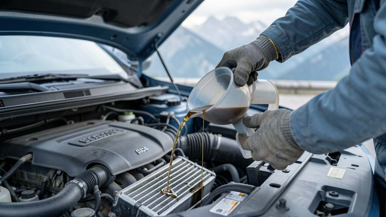 Des mains avec des gants versent de l’huile moteur dans un entonnoir dans le compartiment moteur, avec une ambiance de lumière naturelle et un décor évoquant le climat alpin.