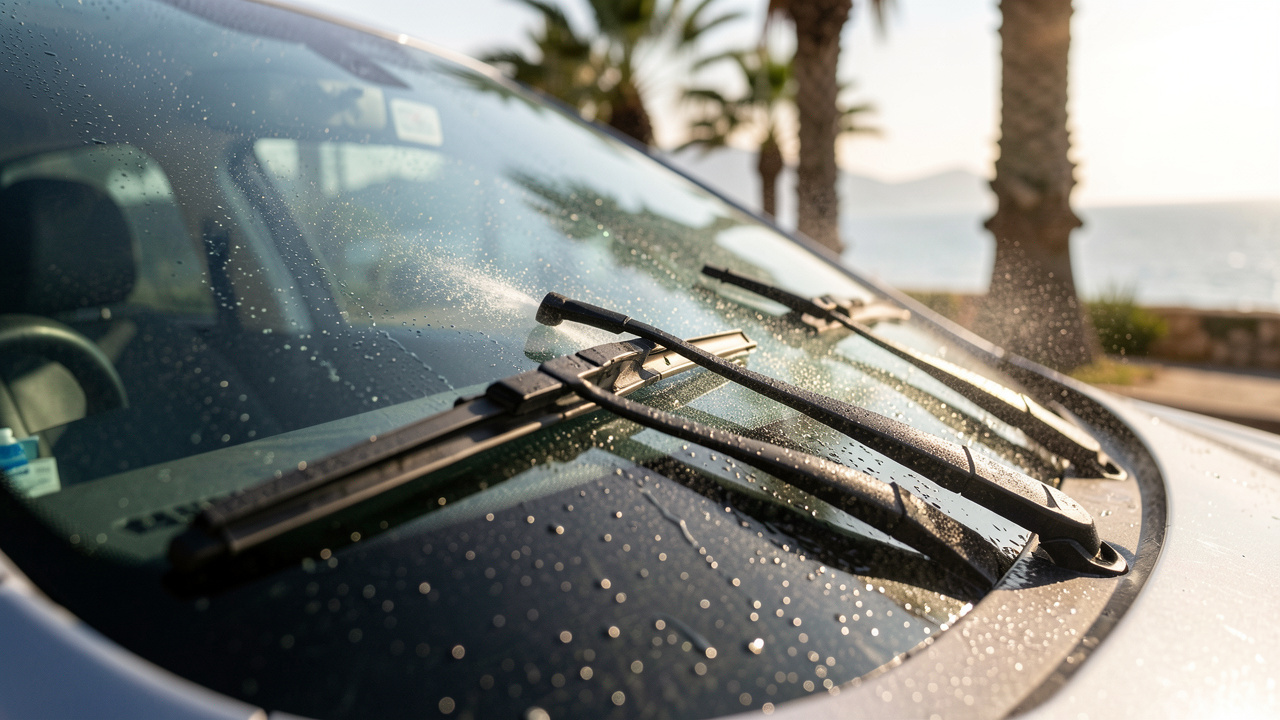 Gros plan sur un pare-brise de voiture sur la Côte d’Azur avec les balais d’essuie-glace et le liquide lave-glace, des gouttes d’eau et la lumière du soleil pour une visibilité nette.
