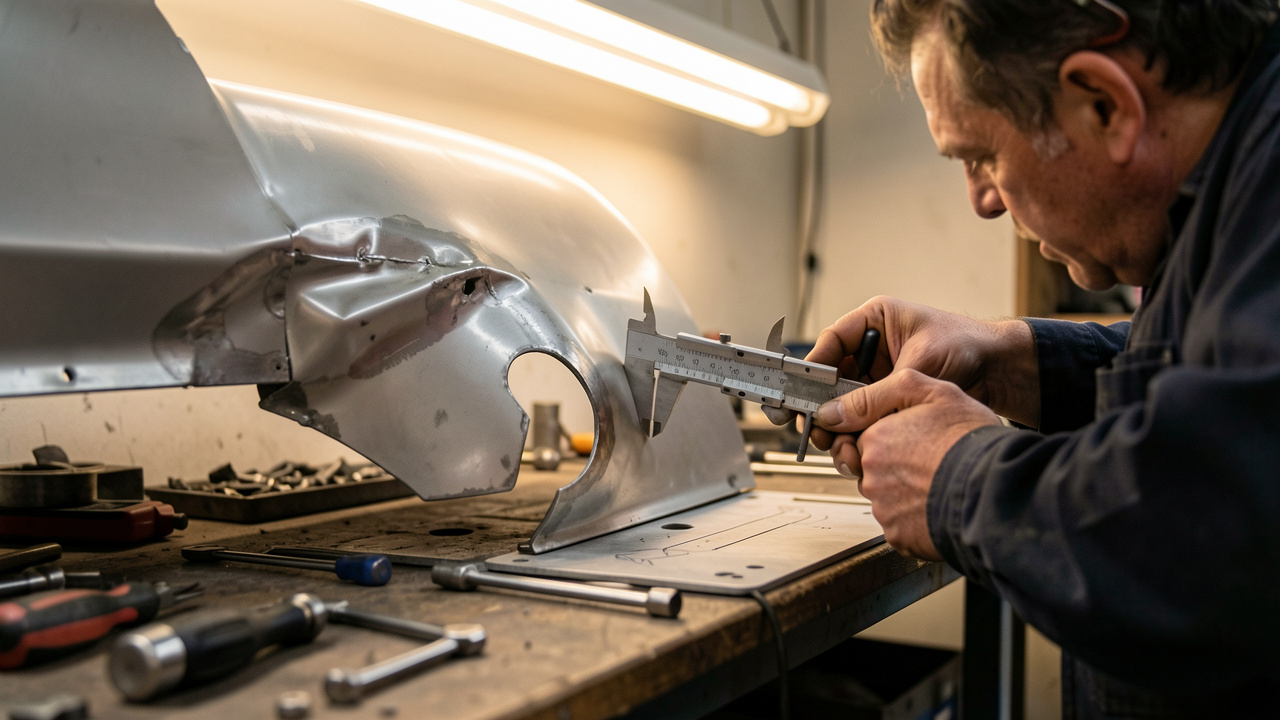 Dans un atelier automobile, une personne mesure et aligne une pièce de carrosserie compatible avec des outils de précision pour réparer un véhicule, sous un éclairage LED chaud et avec un arrière-plan flou.
