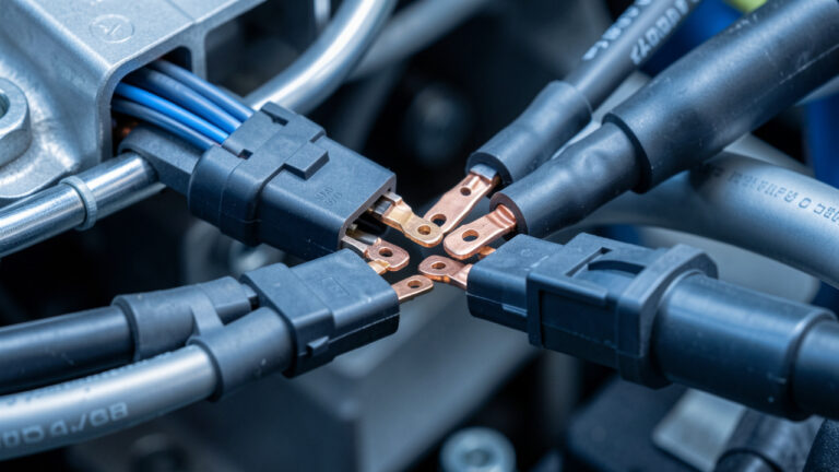 Vue rapprochée de connecteurs électriques automobiles assemblés dans un faisceau de câbles, mettant en valeur les bornes métalliques, l’isolation protectrice et les mécanismes de verrouillage.