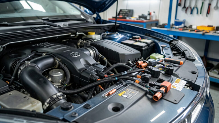 Connecteurs électriques automobiles et faisceaux de câbles soigneusement disposés près d’un compartiment moteur ouvert, dans un atelier propre et professionnel.