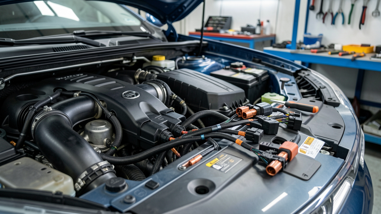 Connecteurs électriques automobiles et faisceaux de câbles soigneusement disposés près d’un compartiment moteur ouvert, dans un atelier propre et professionnel.