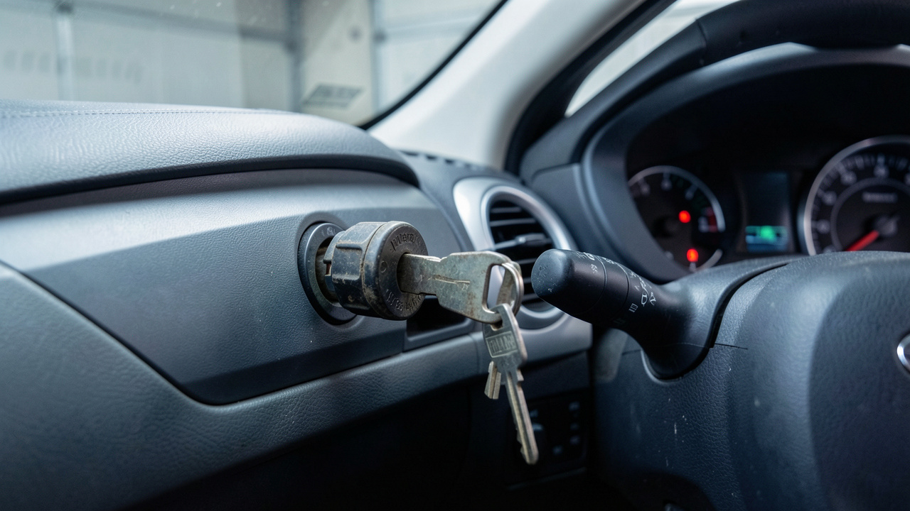 Gros plan réaliste sur un contacteur de démarrage usé dans le tableau de bord d’une voiture qui ne démarre pas.