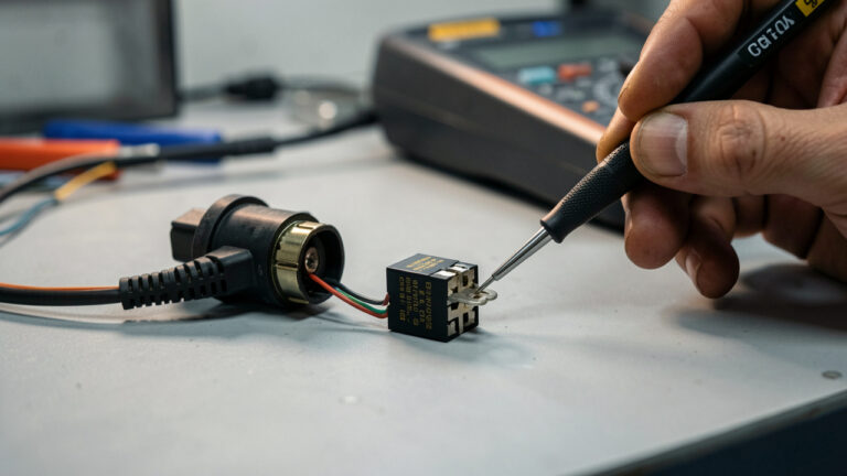 Gros plan sur un connecteur de contacteur et un relais automobile sur un établi, avec une main utilisant des sondes isolées et un multimètre pour vérifier le circuit pendant que le démarreur ne s’active pas