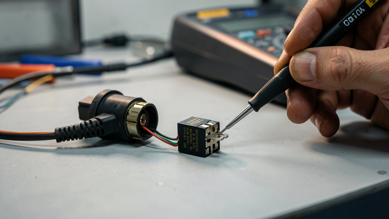 Gros plan sur un connecteur de contacteur et un relais automobile sur un établi, avec une main utilisant des sondes isolées et un multimètre pour vérifier le circuit pendant que le démarreur ne s’active pas