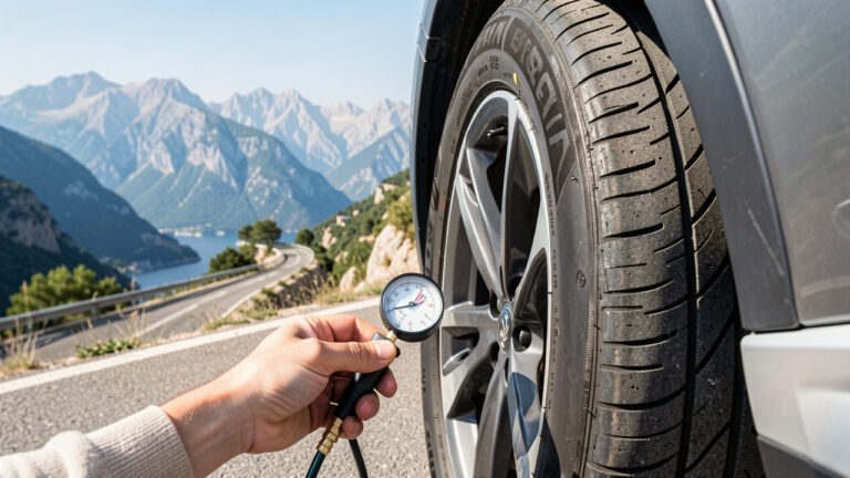 Gros plan sur un pneu de voiture contrôlé avec un manomètre avant un trajet sur une route de montagne des Alpes-Maritimes.