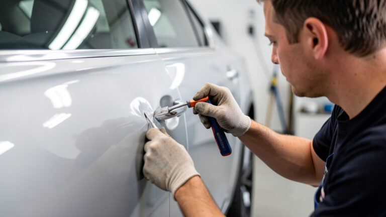 Gros plan dans un atelier automobile montrant une carrosserie argentée remise en forme avec des outils de débosselage sans peinture, sous un éclairage doux.