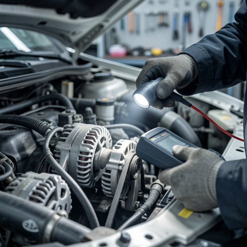 Diagnostic et inspection d’un démarreur et d’une alternateur sur le moteur d’une voiture, avec un multimètre et une lampe d’atelier, style photo documentaire réaliste.