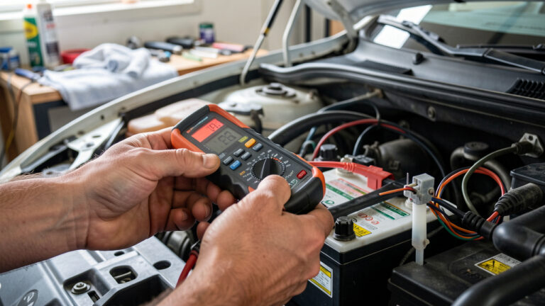 Des mains vérifiant le système de charge d’une voiture avec un multimètre, en contrôlant la batterie et les connexions dans un atelier, à la lumière naturelle.