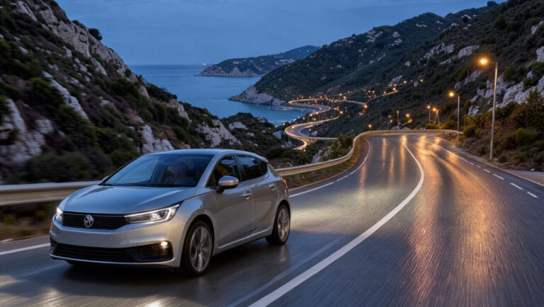 Voiture moderne aux phares puissants éclairant une route sinueuse des Alpes-Maritimes au crépuscule, avec des optiques propres et rénovées.