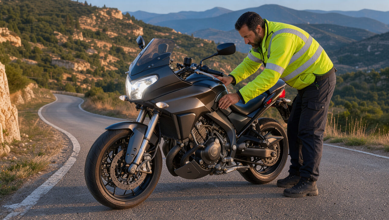 Une moto de tourisme inspectée par un mécanicien sur une route des Alpes-Maritimes, avec ses feux avant, clignotants et feu arrière visibles.