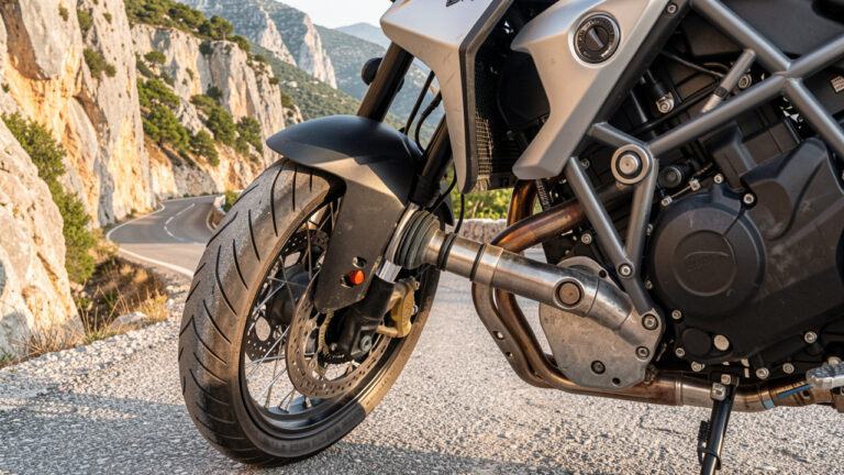 Moto d’aventure stationnée près d’une route sinueuse des Alpes-Maritimes, avec le joint de transmission et les pièces du cardan visibles pour inspection.