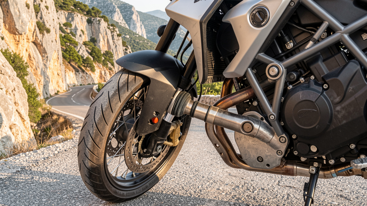 Moto d’aventure stationnée près d’une route sinueuse des Alpes-Maritimes, avec le joint de transmission et les pièces du cardan visibles pour inspection.