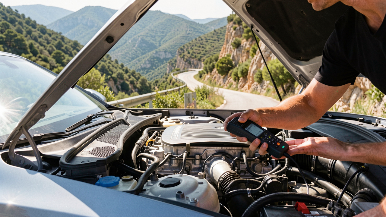 Moteur d’une voiture moderne avec le turbocompresseur soigneusement inspecté, devant une route sinueuse des Alpes-Maritimes.