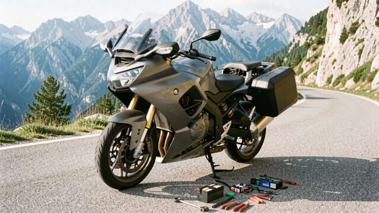 Moto de tourisme stationnée sur une route alpine, avec sa batterie, ses fusibles et ses câbles électriques visibles pour inspection.