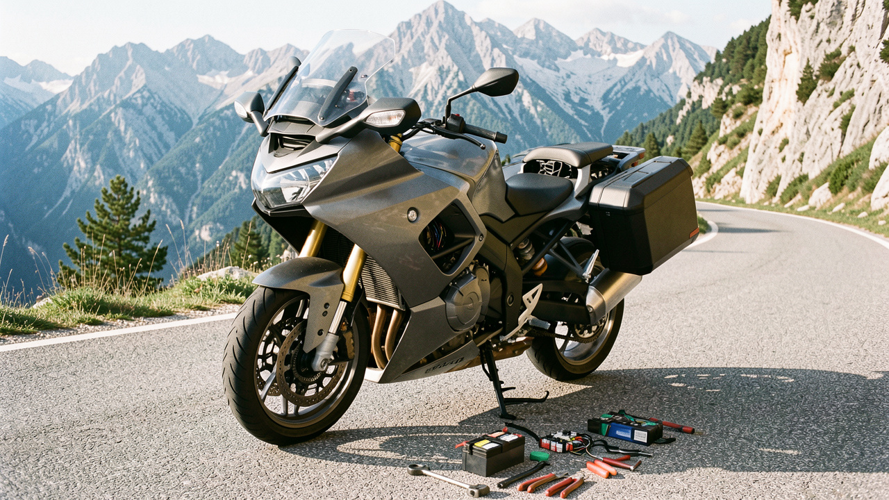 Moto de tourisme stationnée sur une route alpine, avec sa batterie, ses fusibles et ses câbles électriques visibles pour inspection.