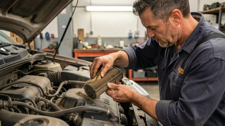 Mécanicien inspectant un filtre à air automobile très encrassé près d’un moteur ouvert dans un atelier.