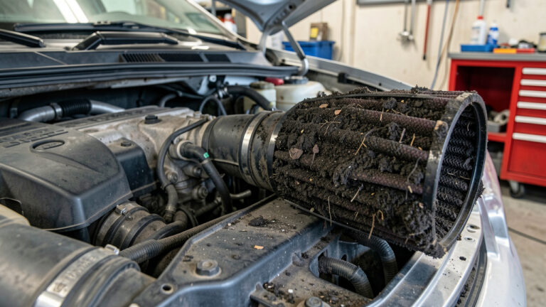 Filtre à air de moteur automobile fortement encrassé, présenté à côté d’un compartiment moteur ouvert dans un atelier.