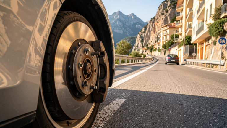 Disque et plaquettes de frein inspectés près d’une voiture, avec une route de montagne et un environnement urbain des Alpes-Maritimes en arrière-plan.