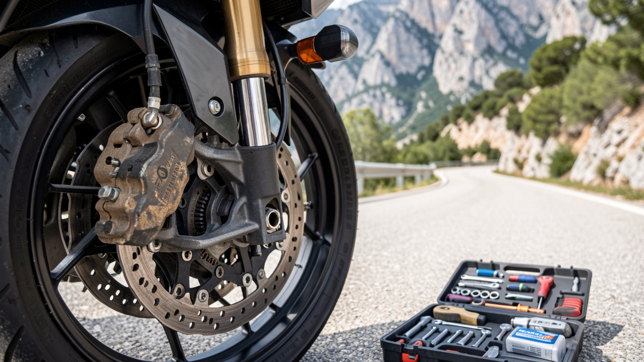 Détail du système de freinage avant d’une moto avec plaquettes, disque et outils d’entretien, sur une route montagneuse des Alpes-Maritimes.