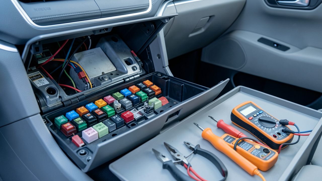 Boîte à fusibles automobile ouverte avec un fusible grillé, un multimètre et des outils de diagnostic disposés à côté.